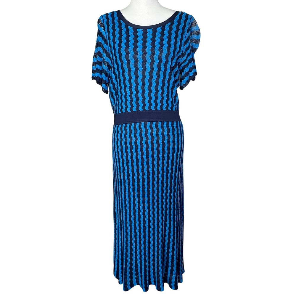 BODEN NWT Womens 12 Blue Stripe Rowan Pointelle Knit Fit Flare V Back Midi Dress